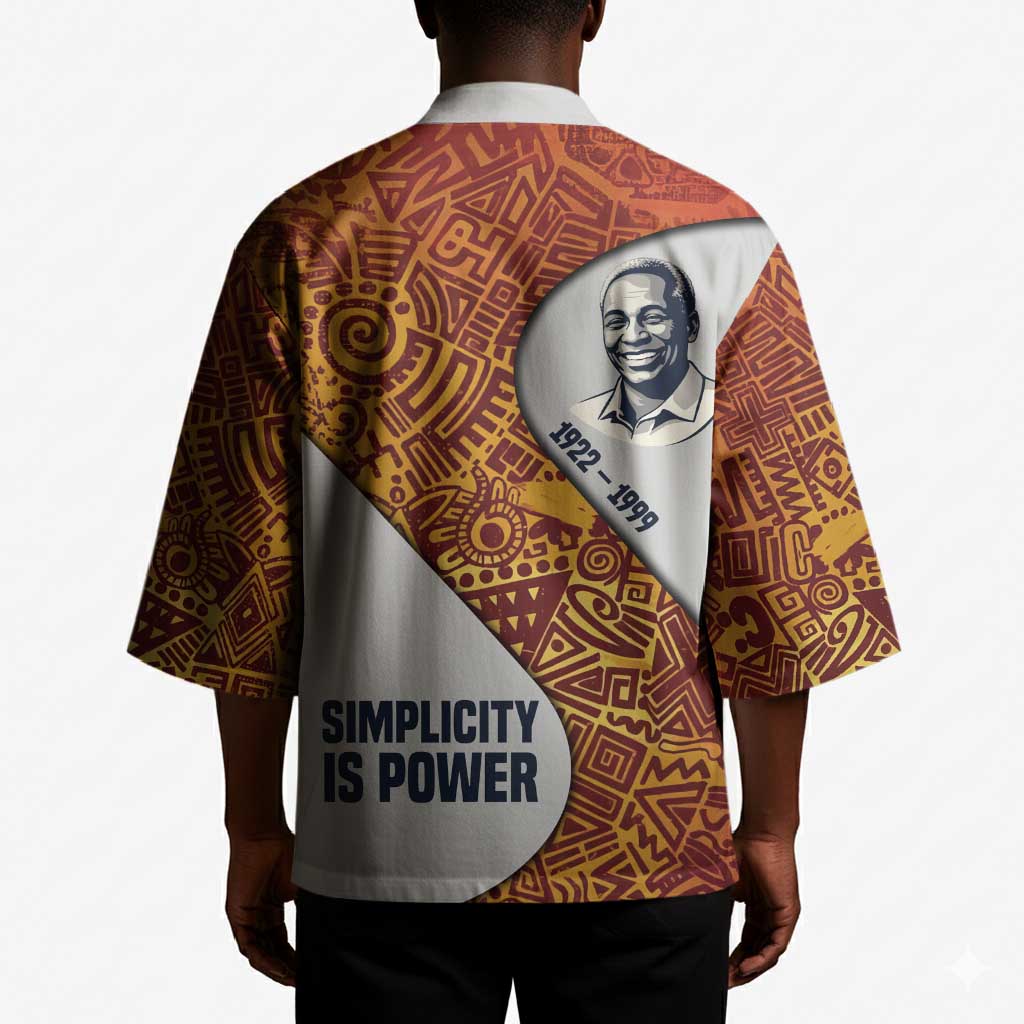 Julius Nyerere Kimono with Smiling Portrait, Tribal Pattern and Simplicity is Power Quote - Wonder Print Shop