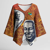 Julius Nyerere Kimono Sleeve Blouse with Smiling Portrait, Tribal Pattern and Simplicity is Power Quote - Wonder Print Shop