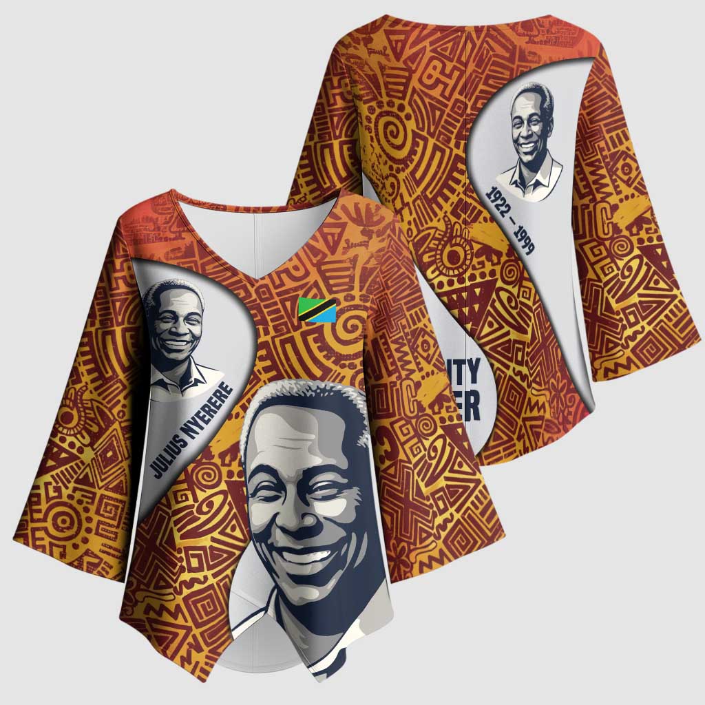 Julius Nyerere Kimono Sleeve Blouse with Smiling Portrait, Tribal Pattern and Simplicity is Power Quote - Wonder Print Shop
