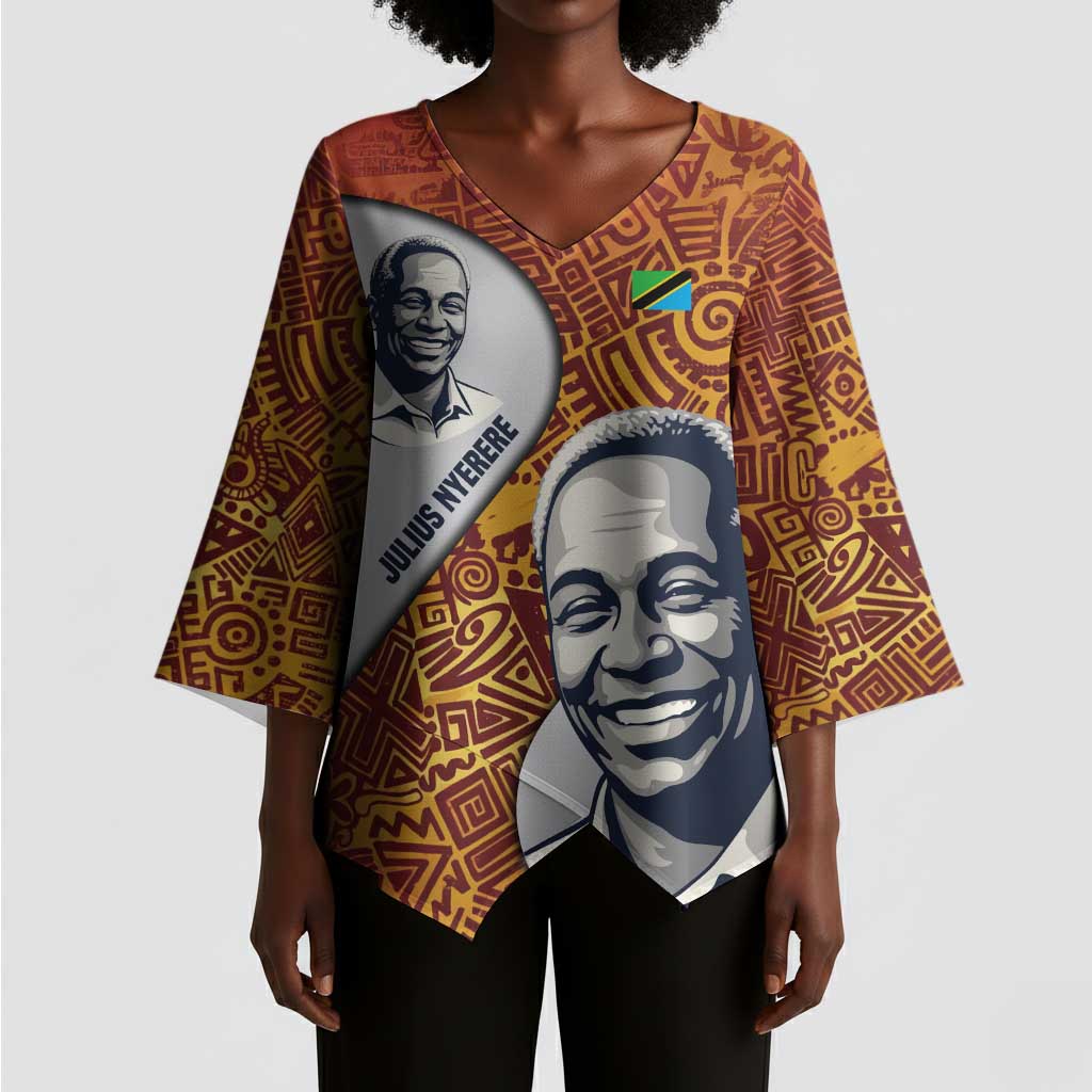 Julius Nyerere Kimono Sleeve Blouse with Smiling Portrait, Tribal Pattern and Simplicity is Power Quote - Wonder Print Shop