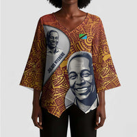 Julius Nyerere Kimono Sleeve Blouse with Smiling Portrait, Tribal Pattern and Simplicity is Power Quote - Wonder Print Shop