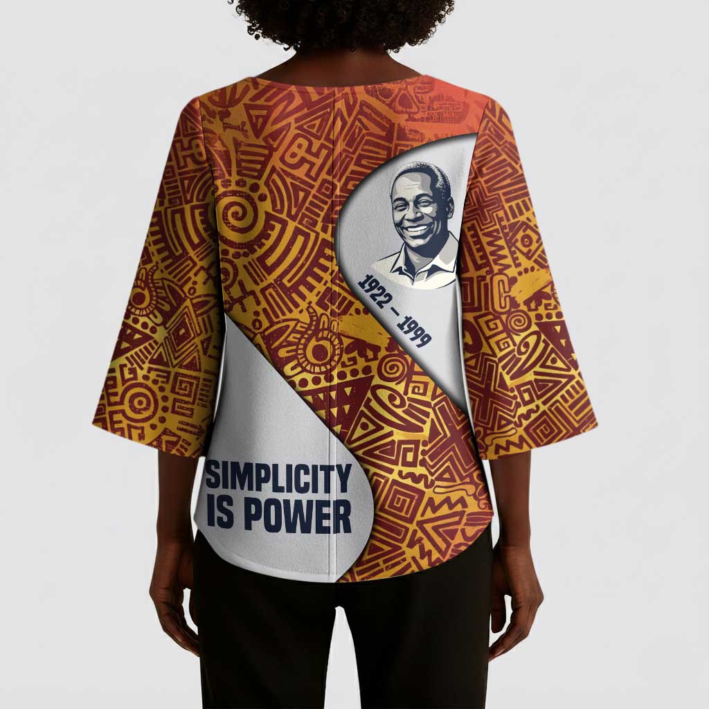 Julius Nyerere Kimono Sleeve Blouse with Smiling Portrait, Tribal Pattern and Simplicity is Power Quote - Wonder Print Shop