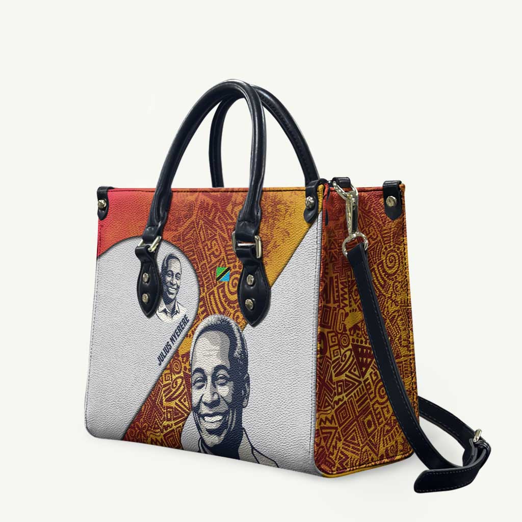 Julius Nyerere Leather Bag with Smiling Portrait, Tribal Pattern and Simplicity is Power Quote - Wonder Print Shop