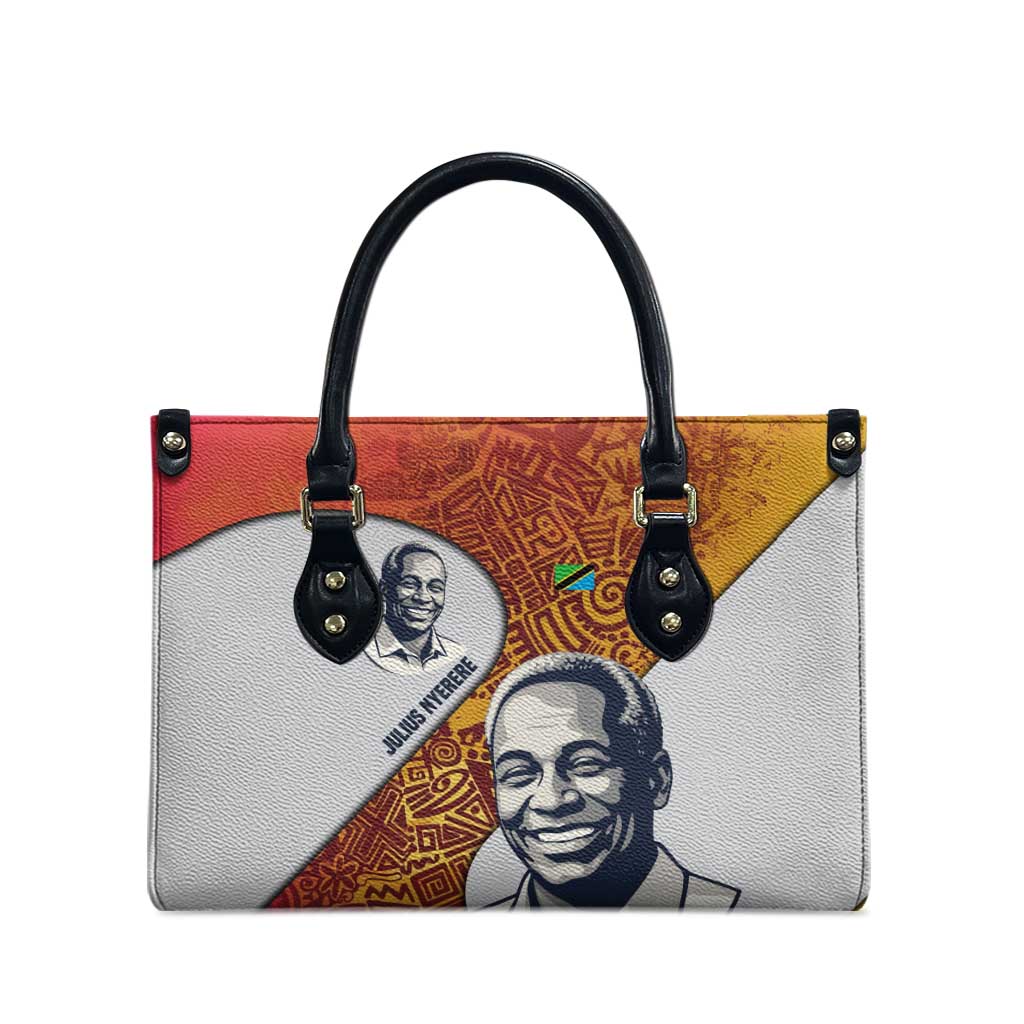 Julius Nyerere Leather Bag with Smiling Portrait, Tribal Pattern and Simplicity is Power Quote - Wonder Print Shop