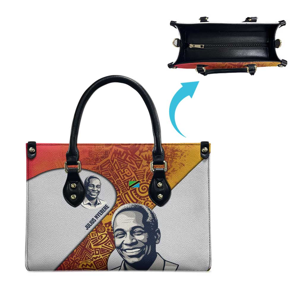 Julius Nyerere Leather Bag with Smiling Portrait, Tribal Pattern and Simplicity is Power Quote - Wonder Print Shop