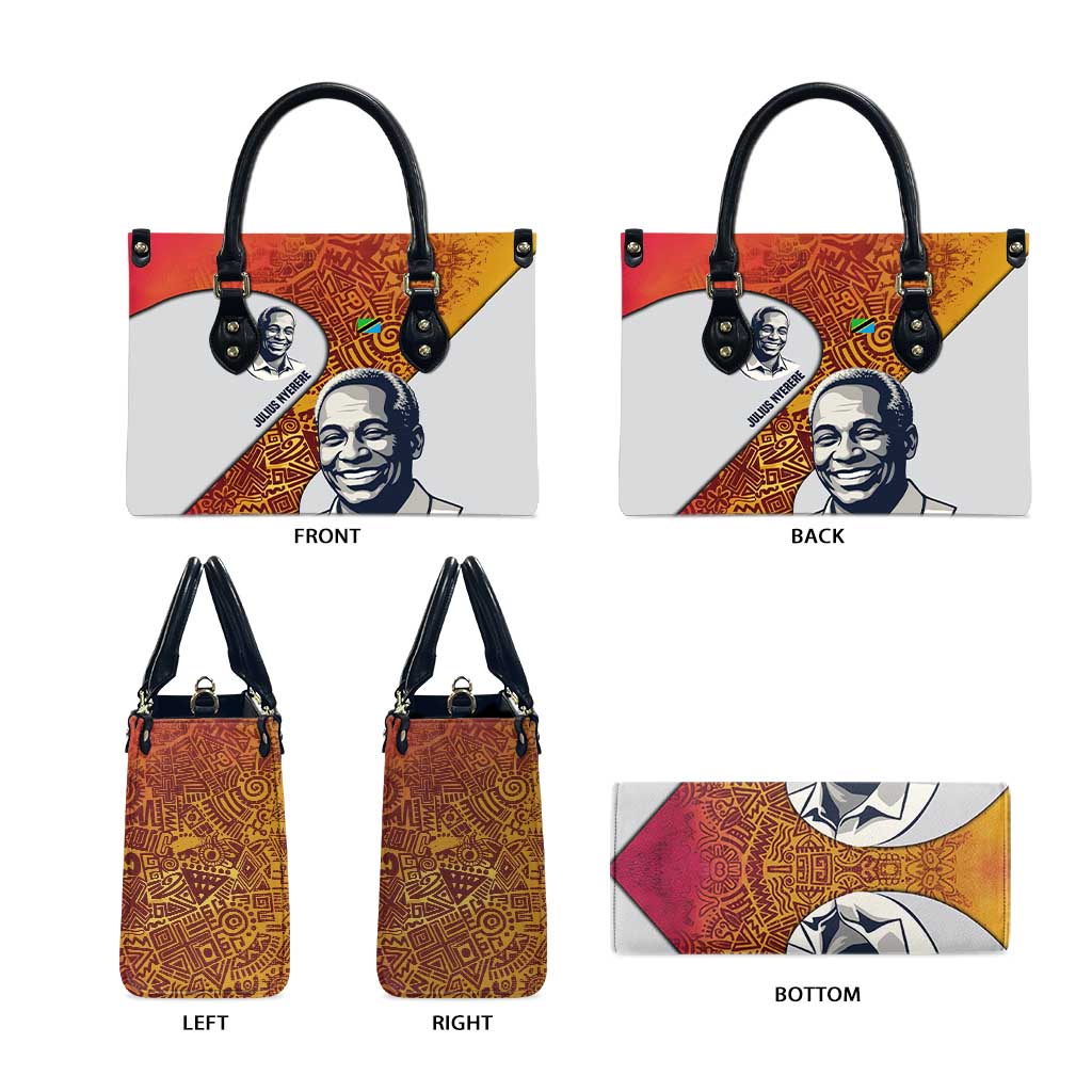 Julius Nyerere Leather Bag with Smiling Portrait, Tribal Pattern and Simplicity is Power Quote - Wonder Print Shop