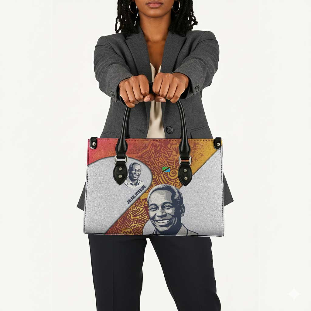 Julius Nyerere Leather Bag with Smiling Portrait, Tribal Pattern and Simplicity is Power Quote - Wonder Print Shop