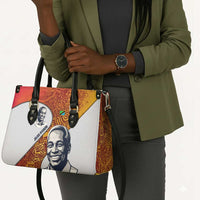 Julius Nyerere Leather Bag with Smiling Portrait, Tribal Pattern and Simplicity is Power Quote - Wonder Print Shop
