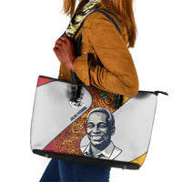 Julius Nyerere Leather Tote Bag with Smiling Portrait, Tribal Pattern and Simplicity is Power Quote - Wonder Print Shop