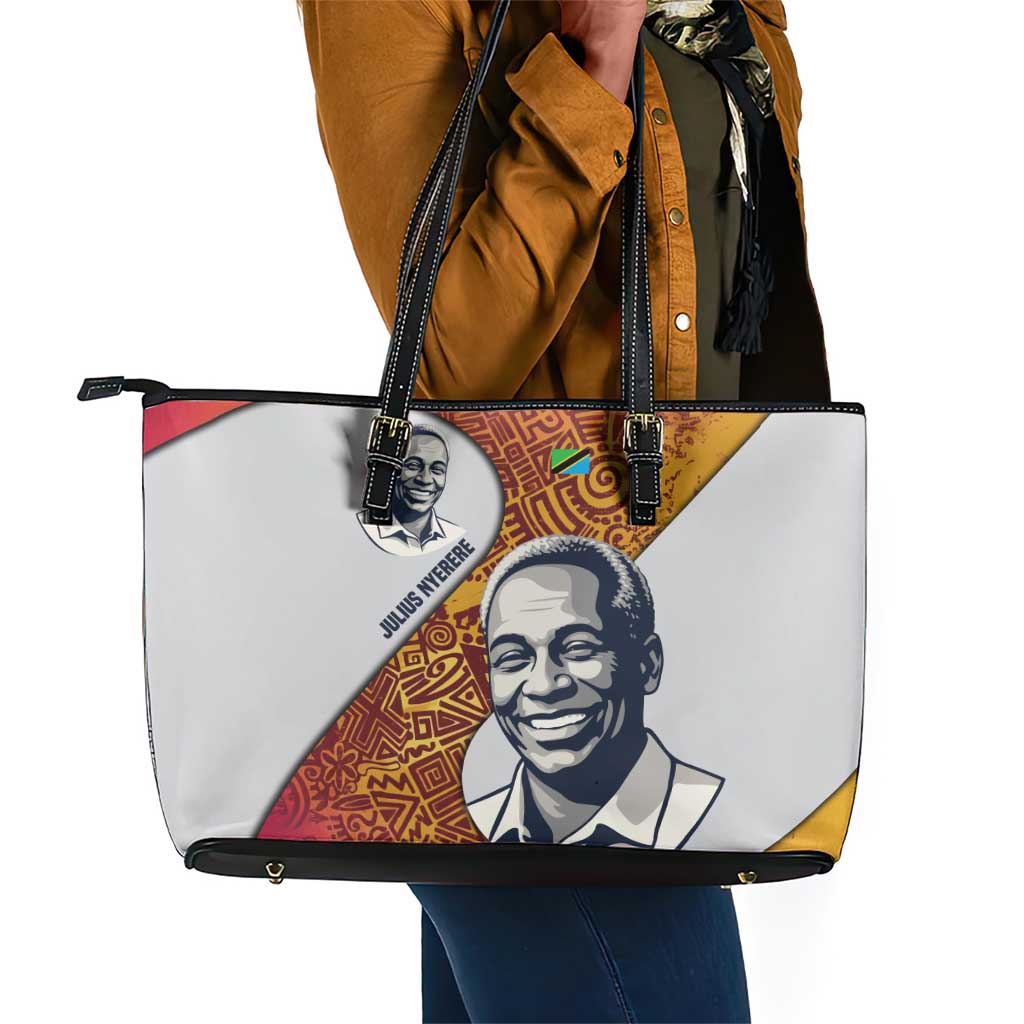 Julius Nyerere Leather Tote Bag with Smiling Portrait, Tribal Pattern and Simplicity is Power Quote - Wonder Print Shop