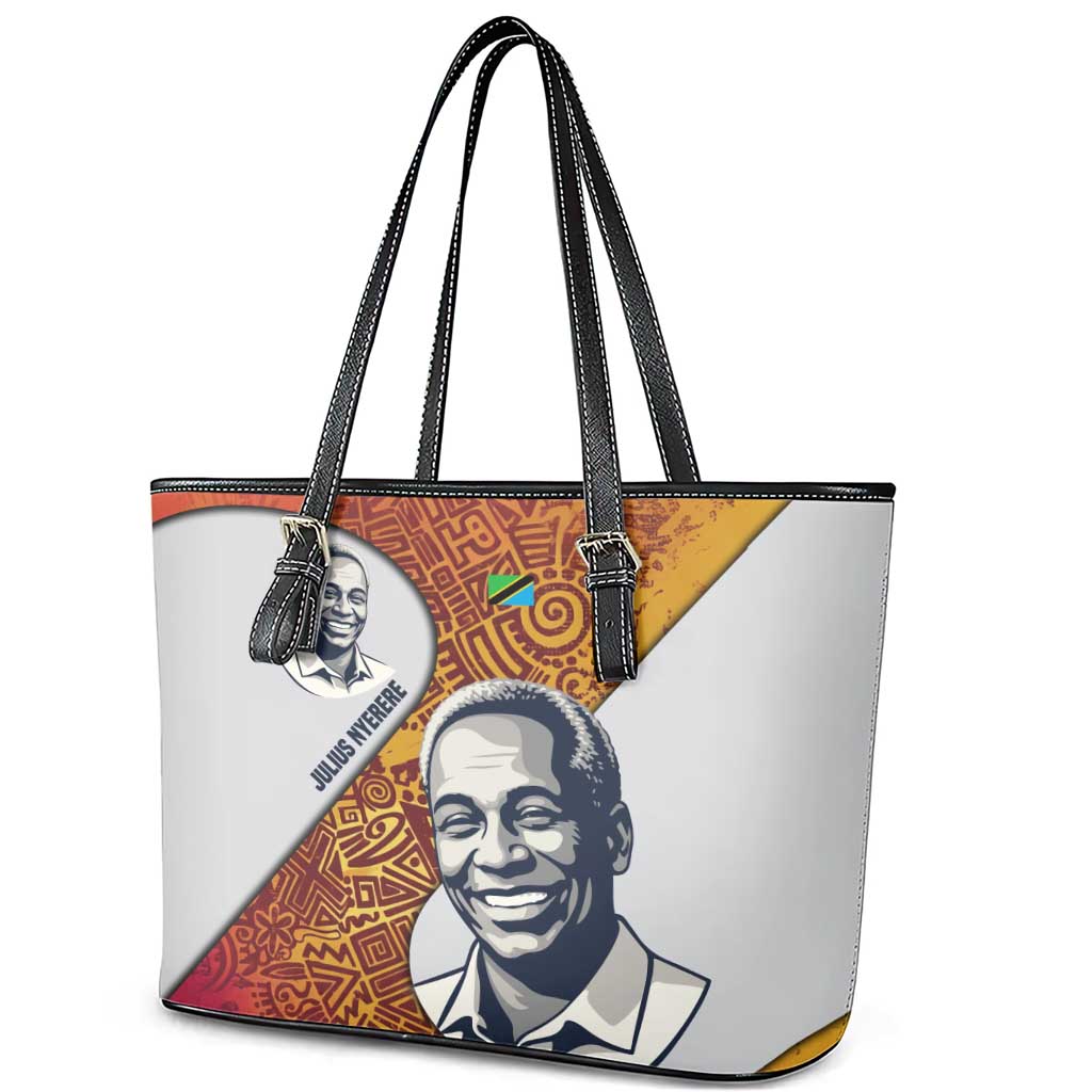 Julius Nyerere Leather Tote Bag with Smiling Portrait, Tribal Pattern and Simplicity is Power Quote - Wonder Print Shop