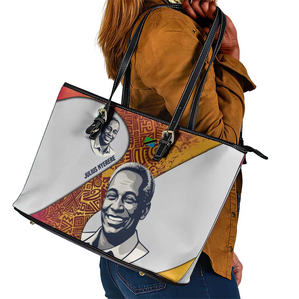 Julius Nyerere Leather Tote Bag with Smiling Portrait, Tribal Pattern and Simplicity is Power Quote - Wonder Print Shop
