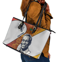 Julius Nyerere Leather Tote Bag with Smiling Portrait, Tribal Pattern and Simplicity is Power Quote - Wonder Print Shop