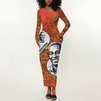 Julius Nyerere Long Sleeve Bodycon Dress with Smiling Portrait, Tribal Pattern and Simplicity is Power Quote - Wonder Print Shop