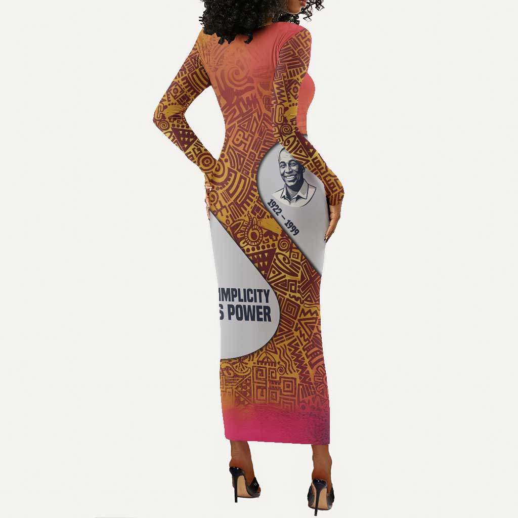 Julius Nyerere Long Sleeve Bodycon Dress with Smiling Portrait, Tribal Pattern and Simplicity is Power Quote - Wonder Print Shop
