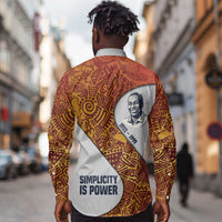 Julius Nyerere Long Sleeve Button Shirt with Smiling Portrait, Tribal Pattern and Simplicity is Power Quote - Wonder Print Shop