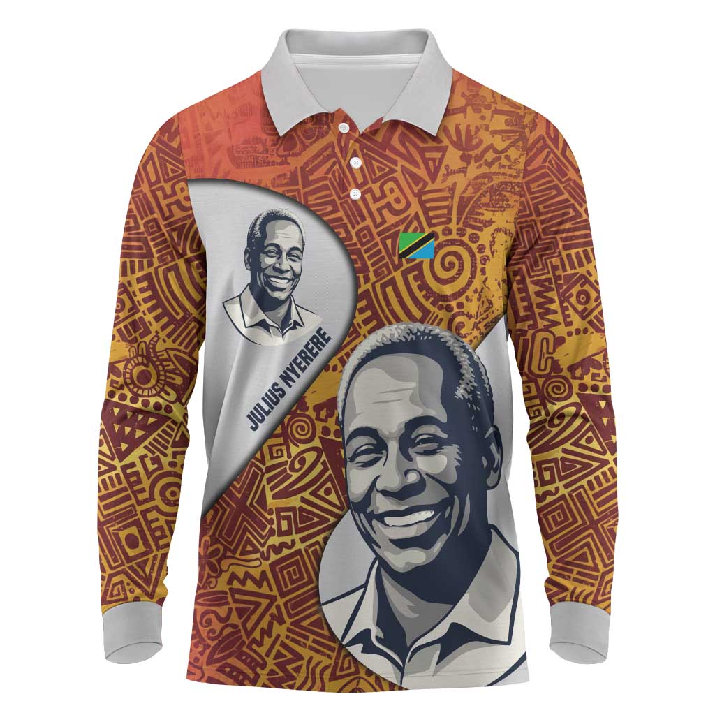 Julius Nyerere Long Sleeve Polo Shirt with Smiling Portrait, Tribal Pattern and Simplicity is Power Quote - Wonder Print Shop