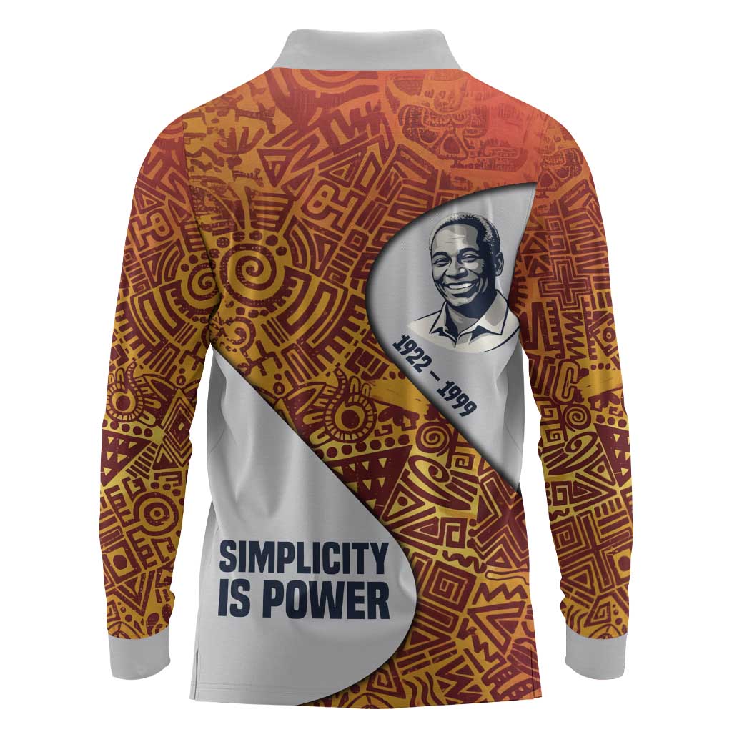 Julius Nyerere Long Sleeve Polo Shirt with Smiling Portrait, Tribal Pattern and Simplicity is Power Quote - Wonder Print Shop