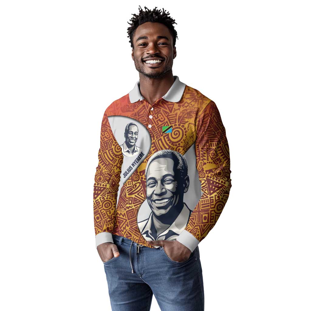 Julius Nyerere Long Sleeve Polo Shirt with Smiling Portrait, Tribal Pattern and Simplicity is Power Quote - Wonder Print Shop