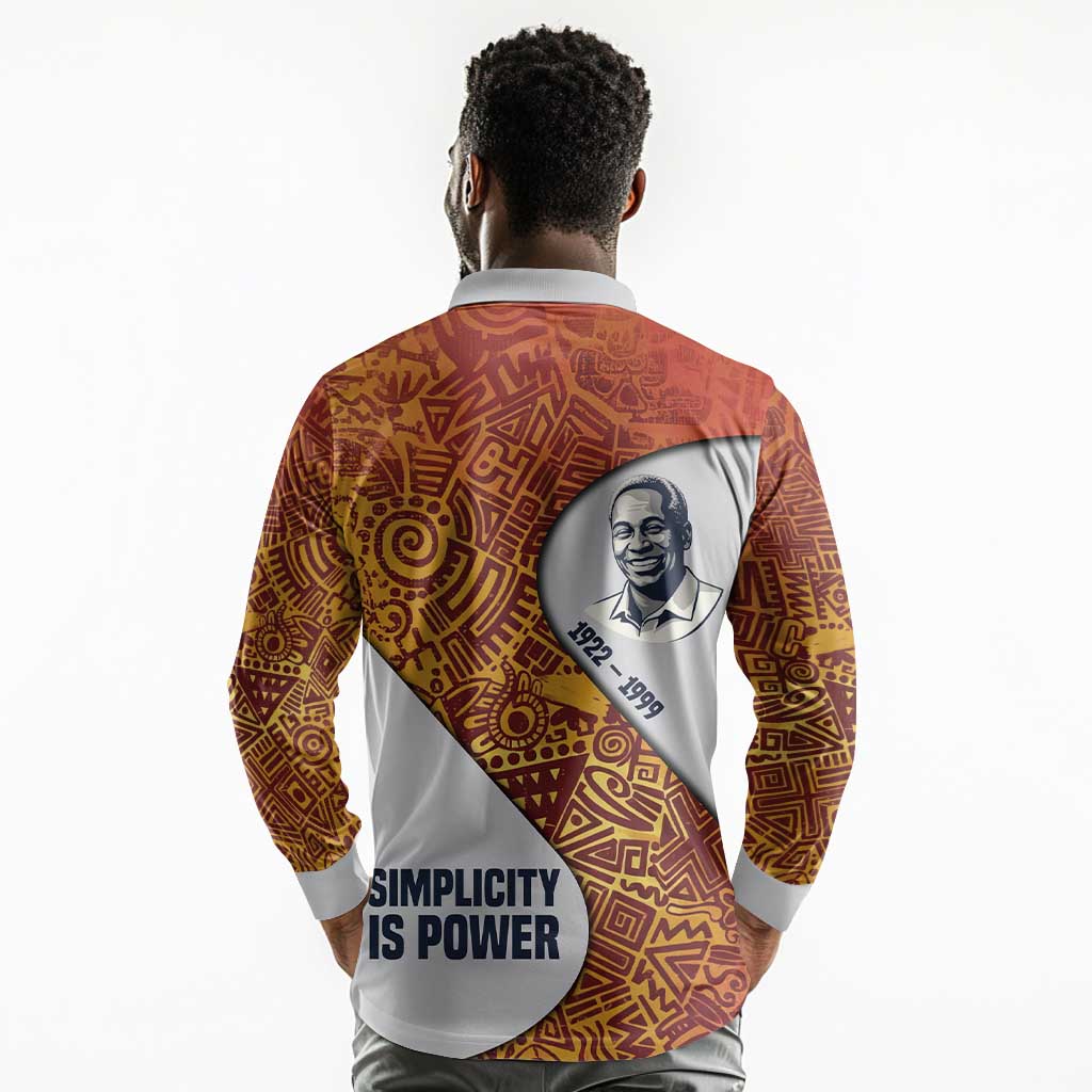 Julius Nyerere Long Sleeve Polo Shirt with Smiling Portrait, Tribal Pattern and Simplicity is Power Quote - Wonder Print Shop