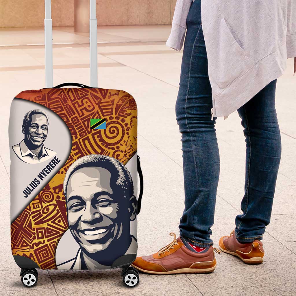 Julius Nyerere Luggage Cover with Smiling Portrait, Tribal Pattern and Simplicity is Power Quote - Wonder Print Shop