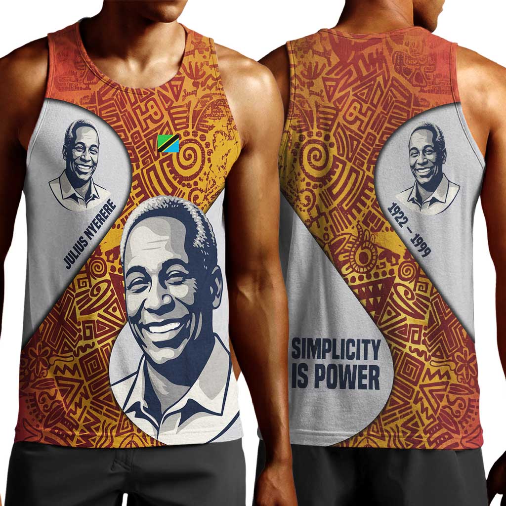 Julius Nyerere Men Tank Top with Smiling Portrait, Tribal Pattern and Simplicity is Power Quote - Wonder Print Shop