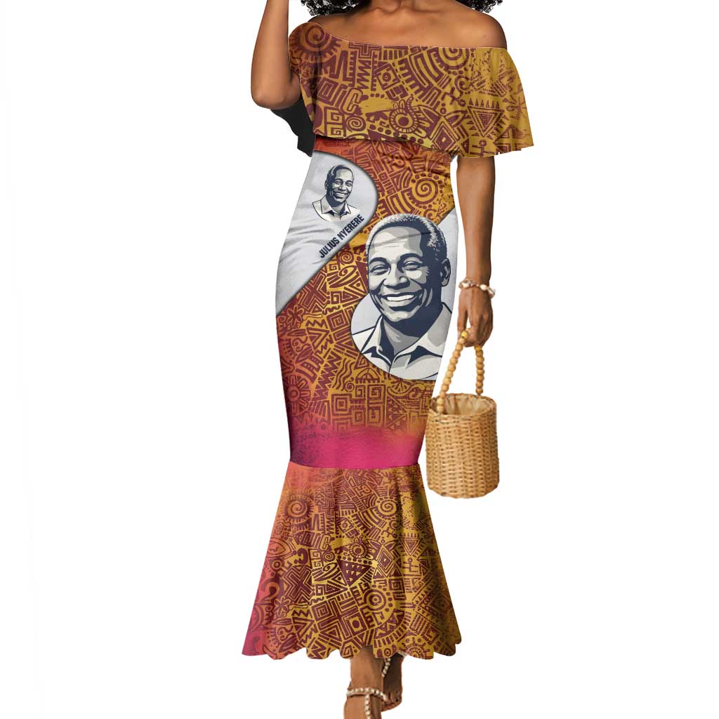 Julius Nyerere Mermaid Dress with Smiling Portrait, Tribal Pattern and Simplicity is Power Quote - Wonder Print Shop