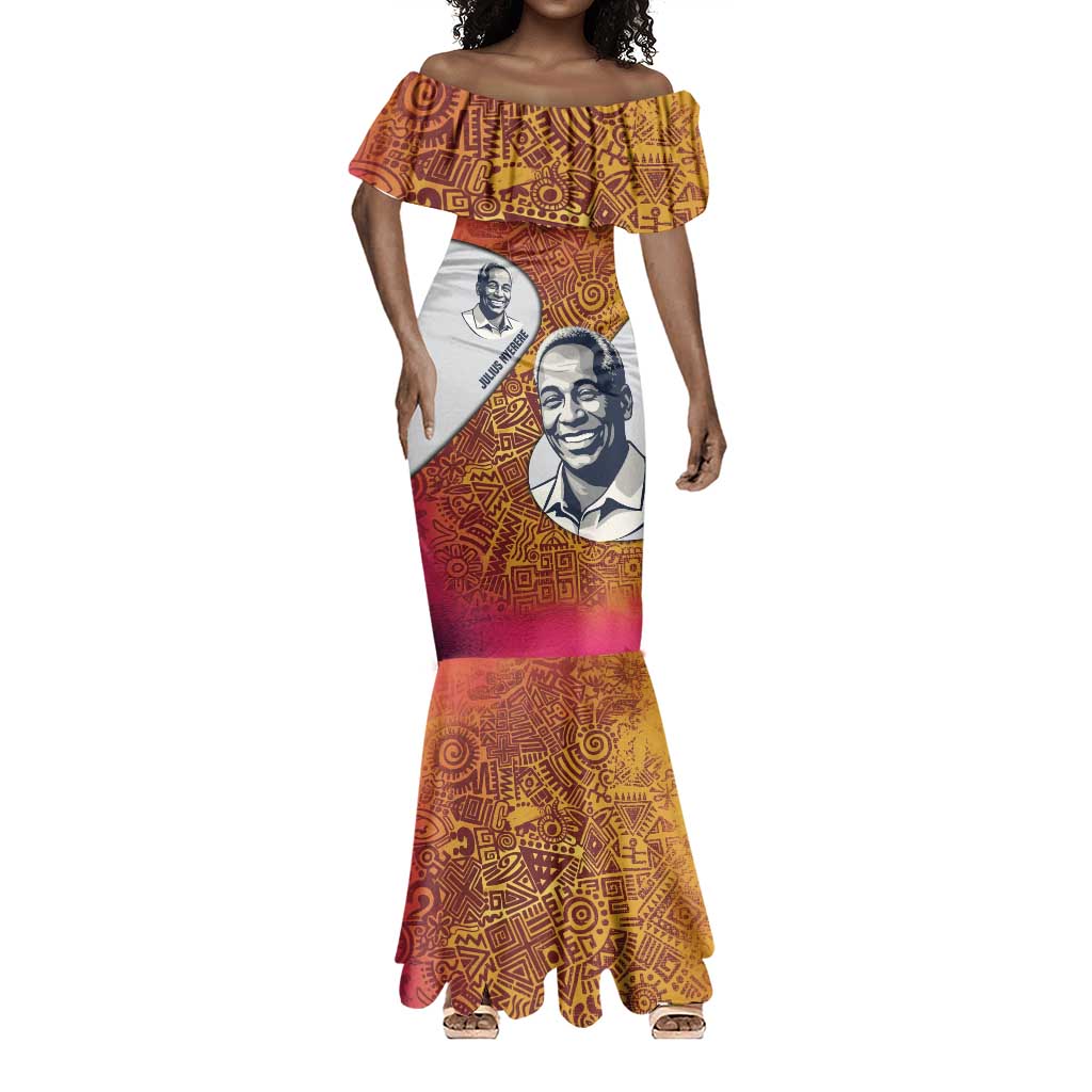 Julius Nyerere Mermaid Dress with Smiling Portrait, Tribal Pattern and Simplicity is Power Quote - Wonder Print Shop