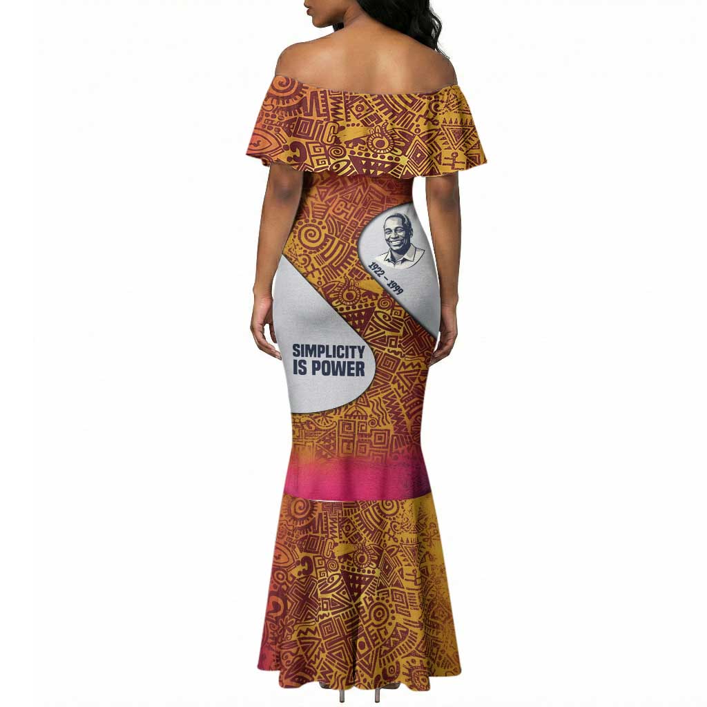 Julius Nyerere Mermaid Dress with Smiling Portrait, Tribal Pattern and Simplicity is Power Quote - Wonder Print Shop