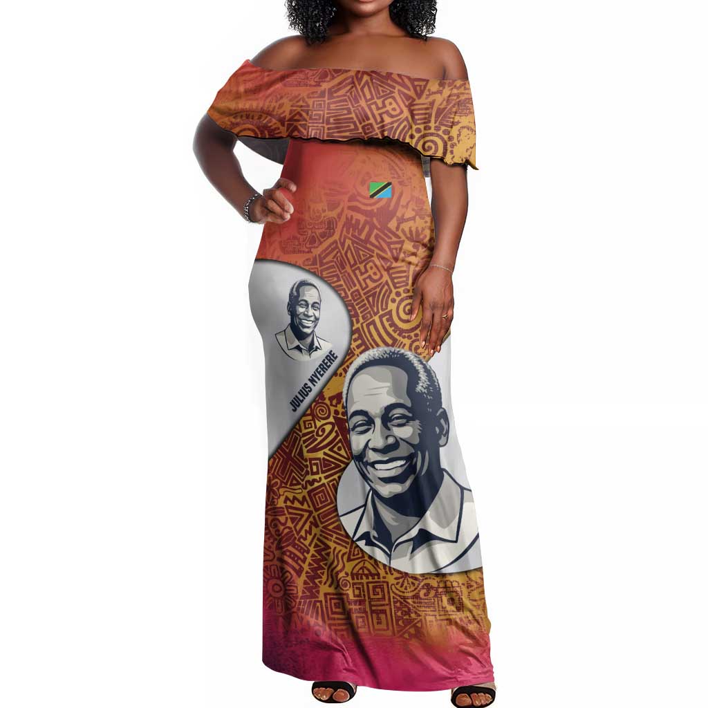 Julius Nyerere Off Shoulder Maxi Dress with Smiling Portrait, Tribal Pattern and Simplicity is Power Quote - Wonder Print Shop