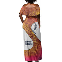 Julius Nyerere Off Shoulder Maxi Dress with Smiling Portrait, Tribal Pattern and Simplicity is Power Quote - Wonder Print Shop