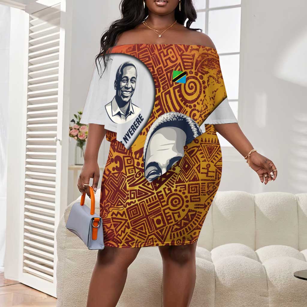 Julius Nyerere Off Shoulder Short Dress with Smiling Portrait, Tribal Pattern and Simplicity is Power Quote - Wonder Print Shop