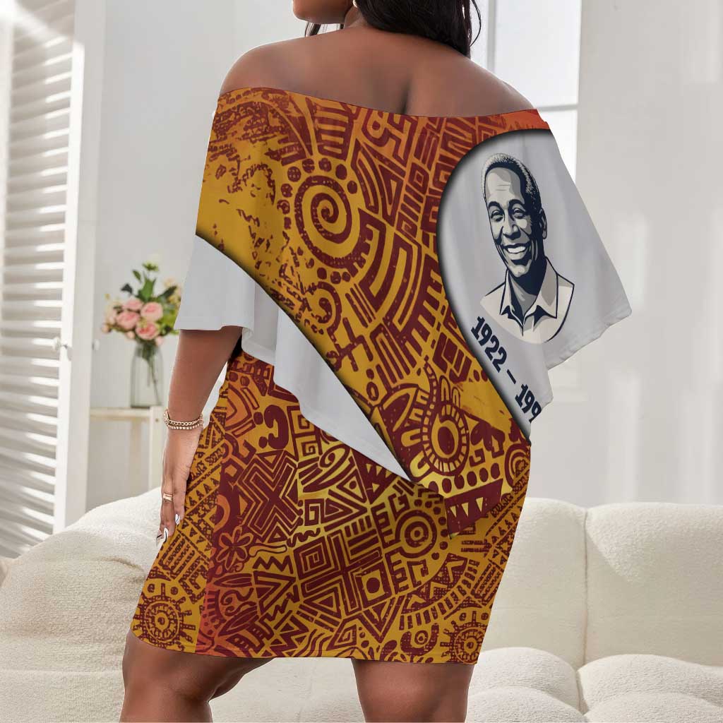 Julius Nyerere Off Shoulder Short Dress with Smiling Portrait, Tribal Pattern and Simplicity is Power Quote - Wonder Print Shop