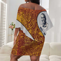 Julius Nyerere Off Shoulder Short Dress with Smiling Portrait, Tribal Pattern and Simplicity is Power Quote - Wonder Print Shop