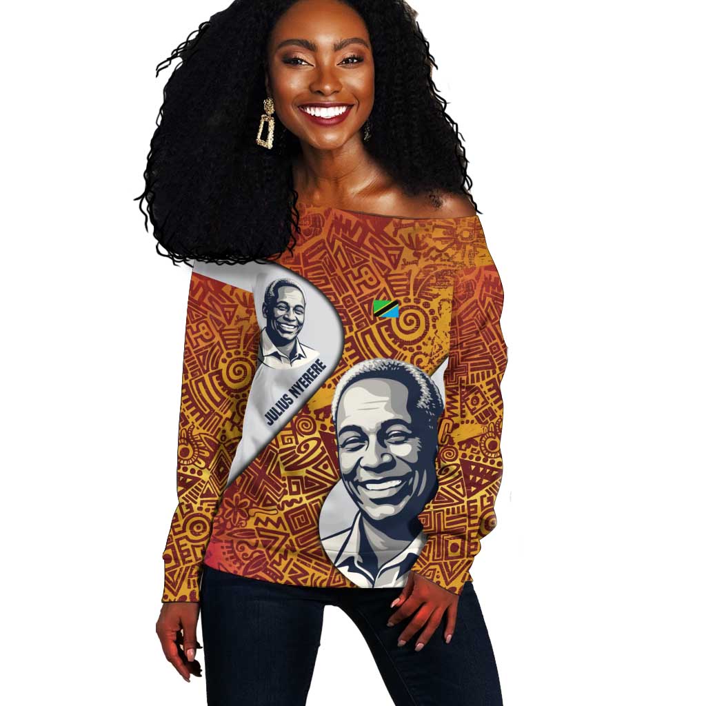 Julius Nyerere Off Shoulder Sweater with Smiling Portrait, Tribal Pattern and Simplicity is Power Quote - Wonder Print Shop