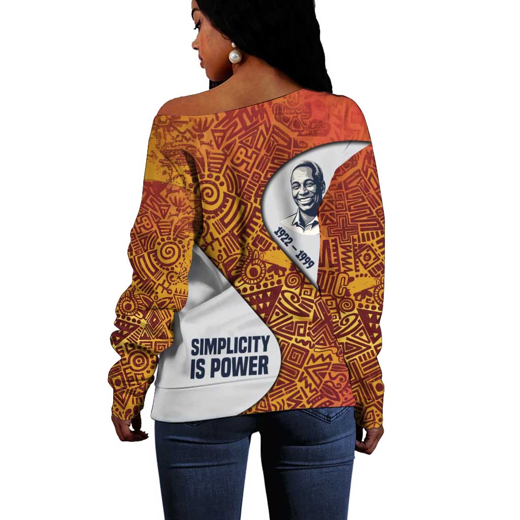 Julius Nyerere Off Shoulder Sweater with Smiling Portrait, Tribal Pattern and Simplicity is Power Quote - Wonder Print Shop