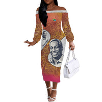 Julius Nyerere Off The Shoulder Long Sleeve Dress with Smiling Portrait, Tribal Pattern and Simplicity is Power Quote - Wonder Print Shop