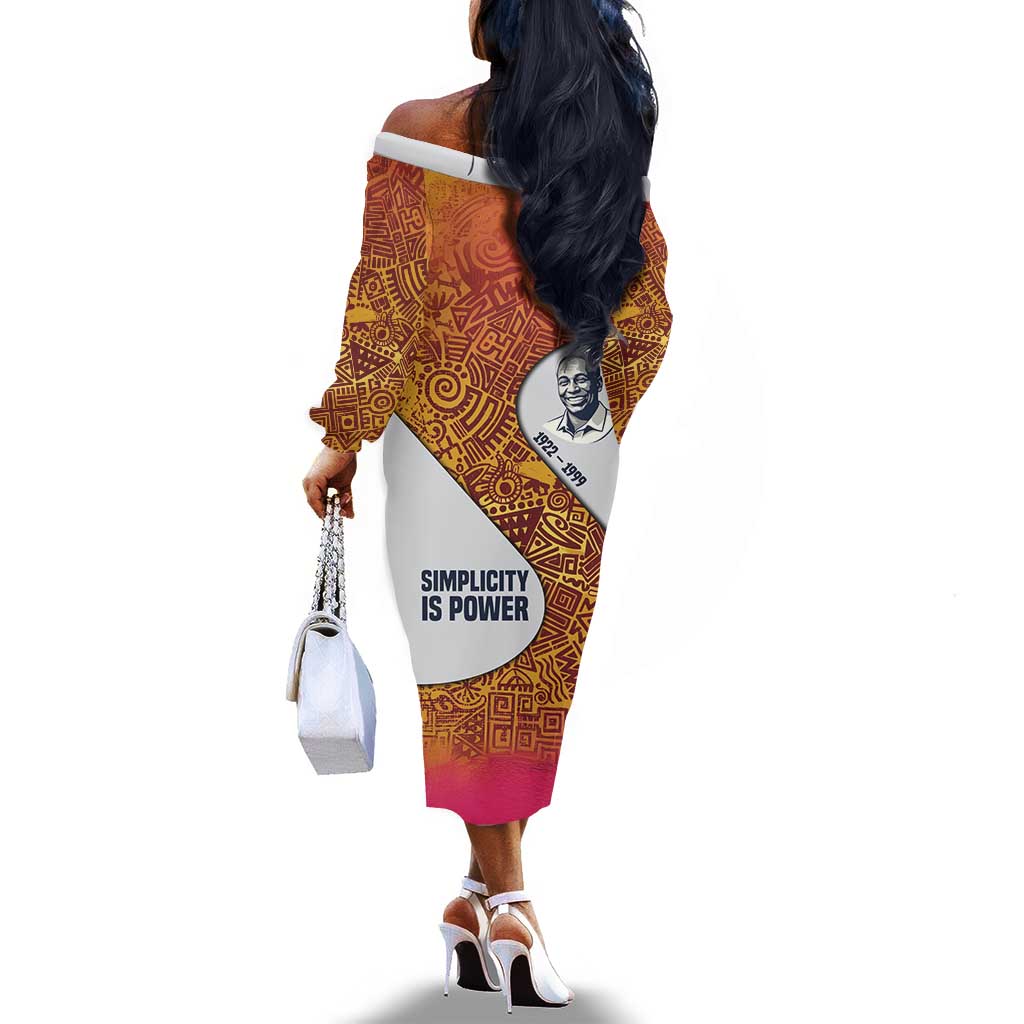 Julius Nyerere Off The Shoulder Long Sleeve Dress with Smiling Portrait, Tribal Pattern and Simplicity is Power Quote - Wonder Print Shop