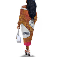 Julius Nyerere Off The Shoulder Long Sleeve Dress with Smiling Portrait, Tribal Pattern and Simplicity is Power Quote - Wonder Print Shop