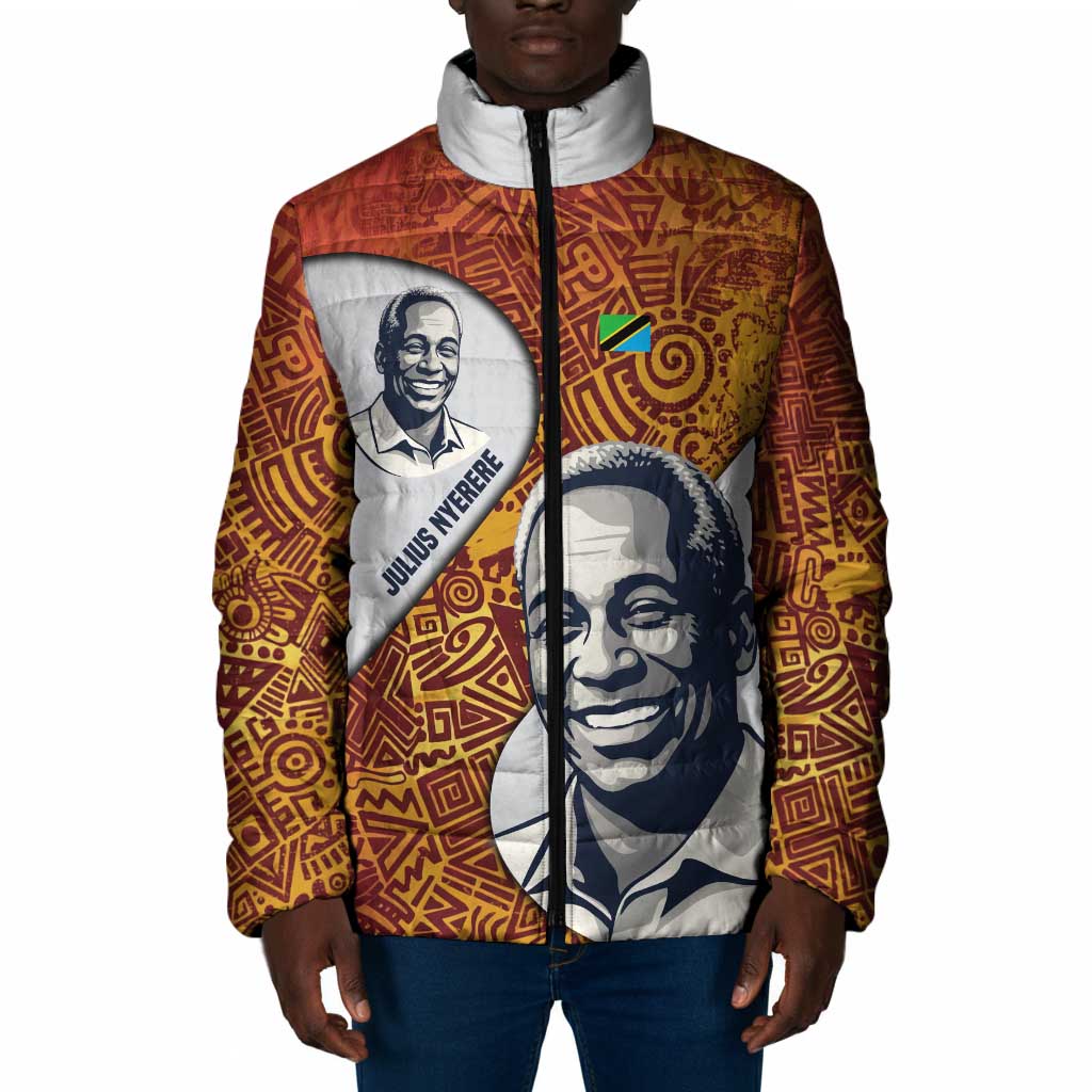 Julius Nyerere Padded Jacket with Smiling Portrait, Tribal Pattern and Simplicity is Power Quote - Wonder Print Shop
