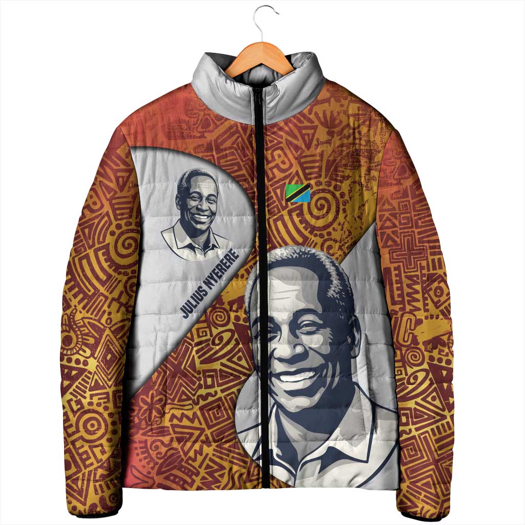 Julius Nyerere Padded Jacket with Smiling Portrait, Tribal Pattern and Simplicity is Power Quote - Wonder Print Shop