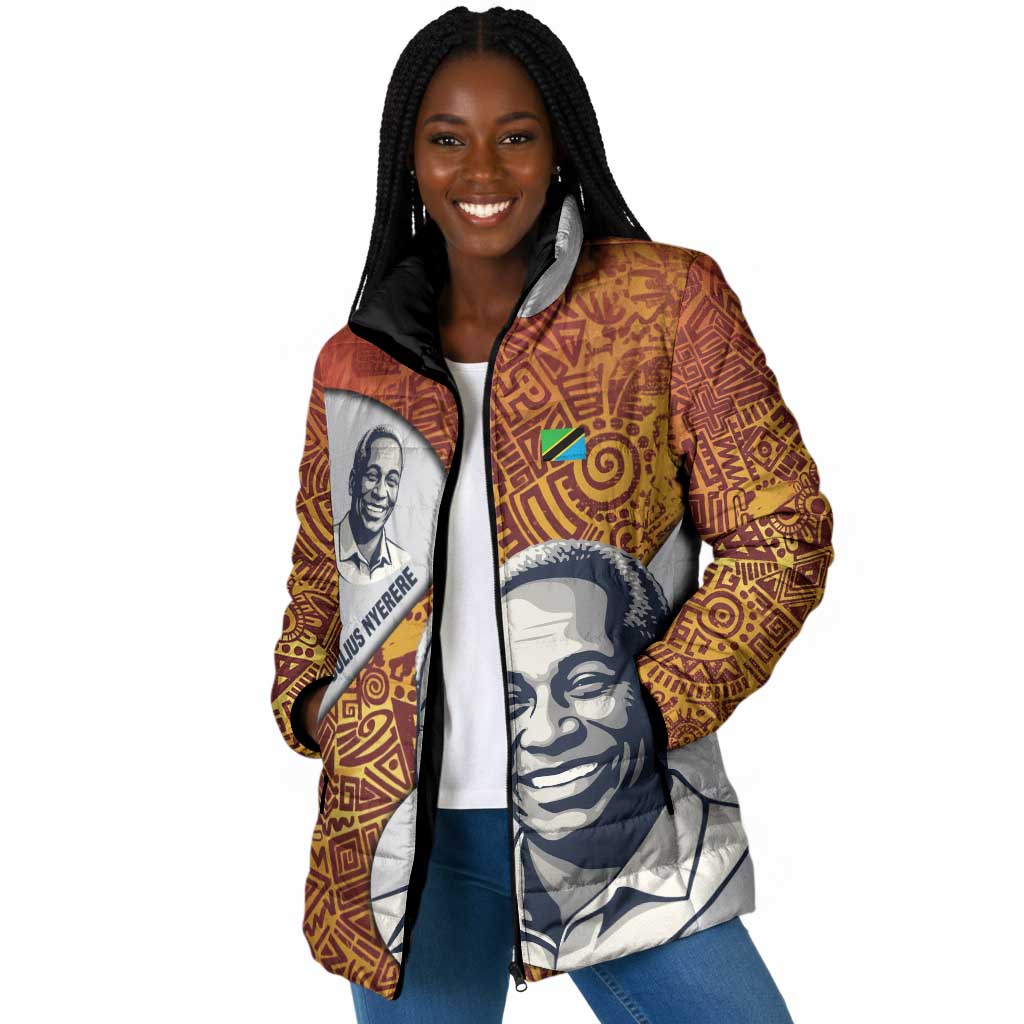 Julius Nyerere Padded Jacket with Smiling Portrait, Tribal Pattern and Simplicity is Power Quote - Wonder Print Shop