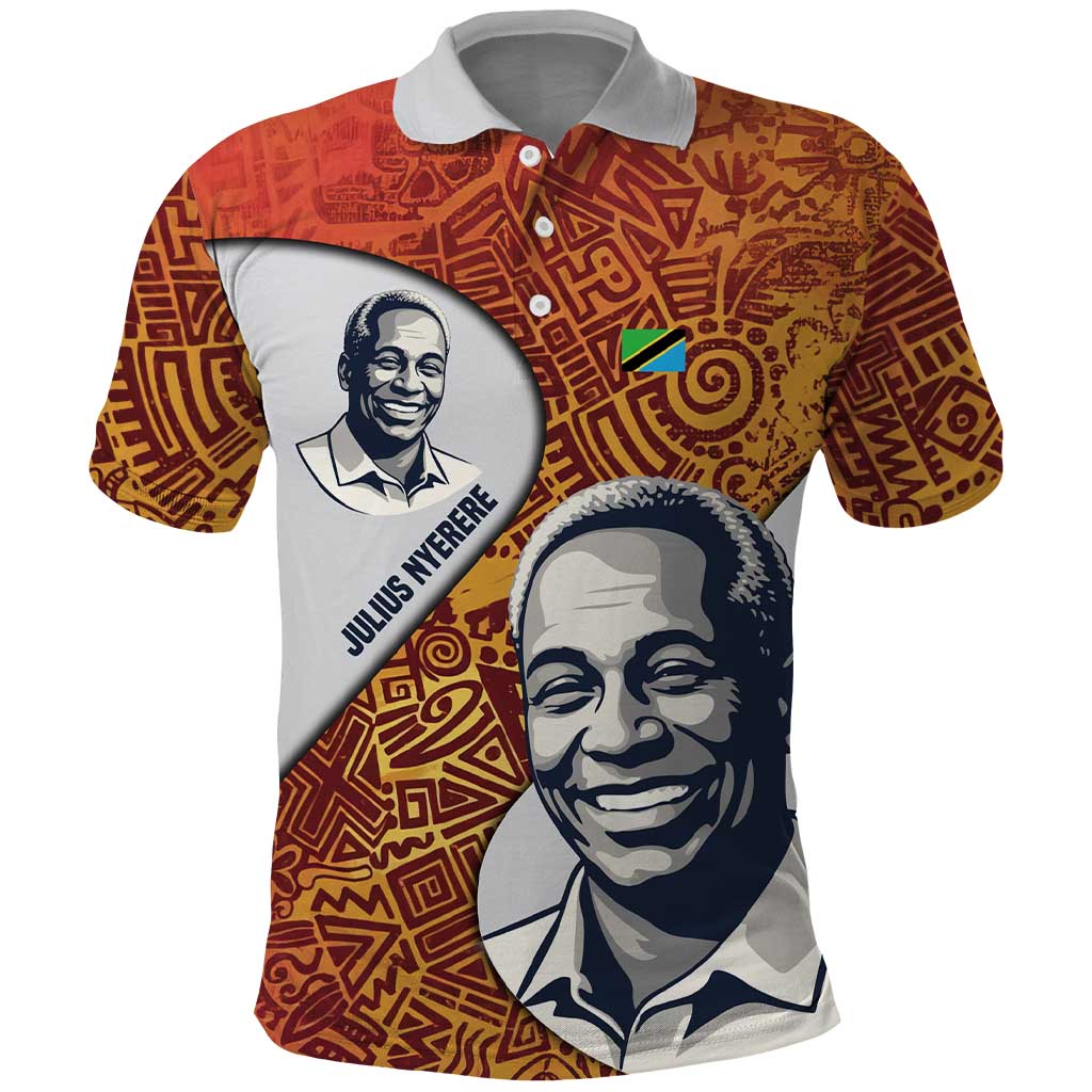 Julius Nyerere Polo Shirt with Smiling Portrait, Tribal Pattern and Simplicity is Power Quote - Wonder Print Shop