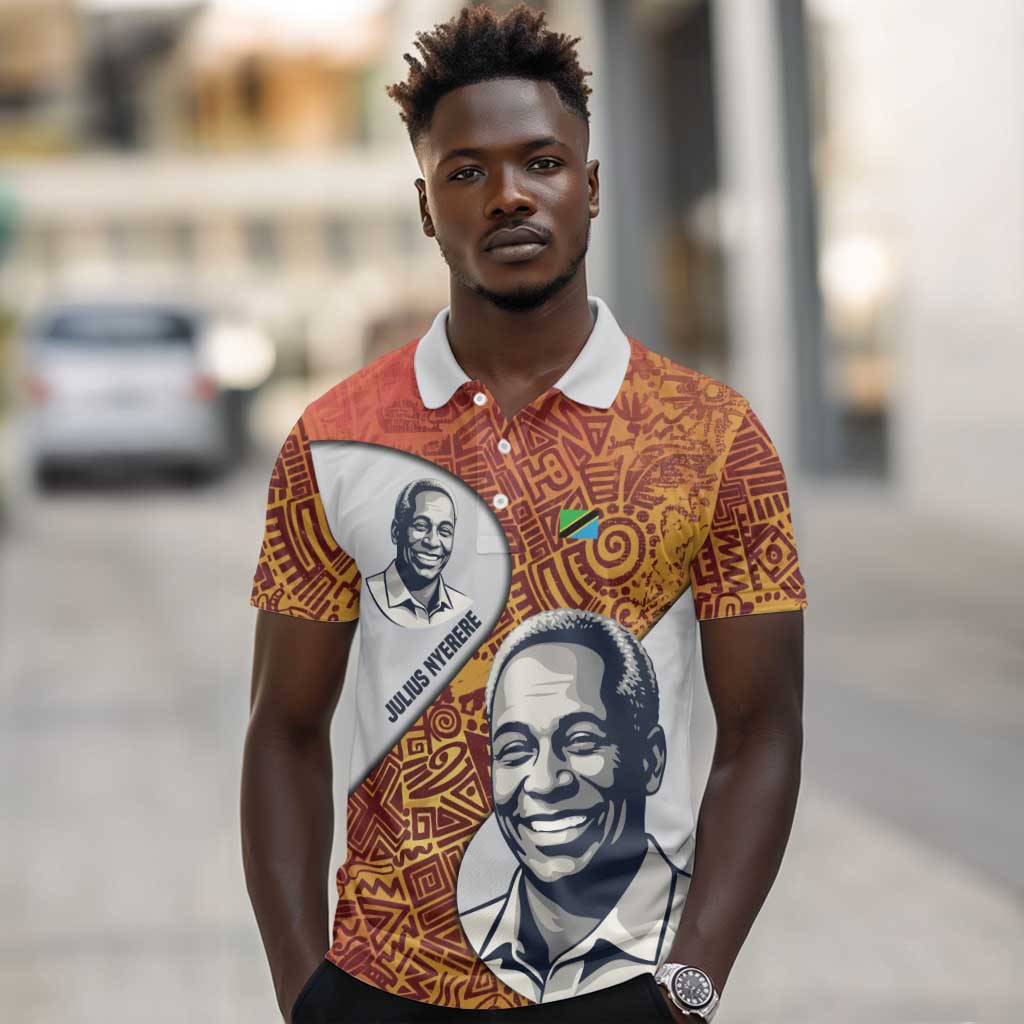 Julius Nyerere Polo Shirt with Smiling Portrait, Tribal Pattern and Simplicity is Power Quote - Wonder Print Shop