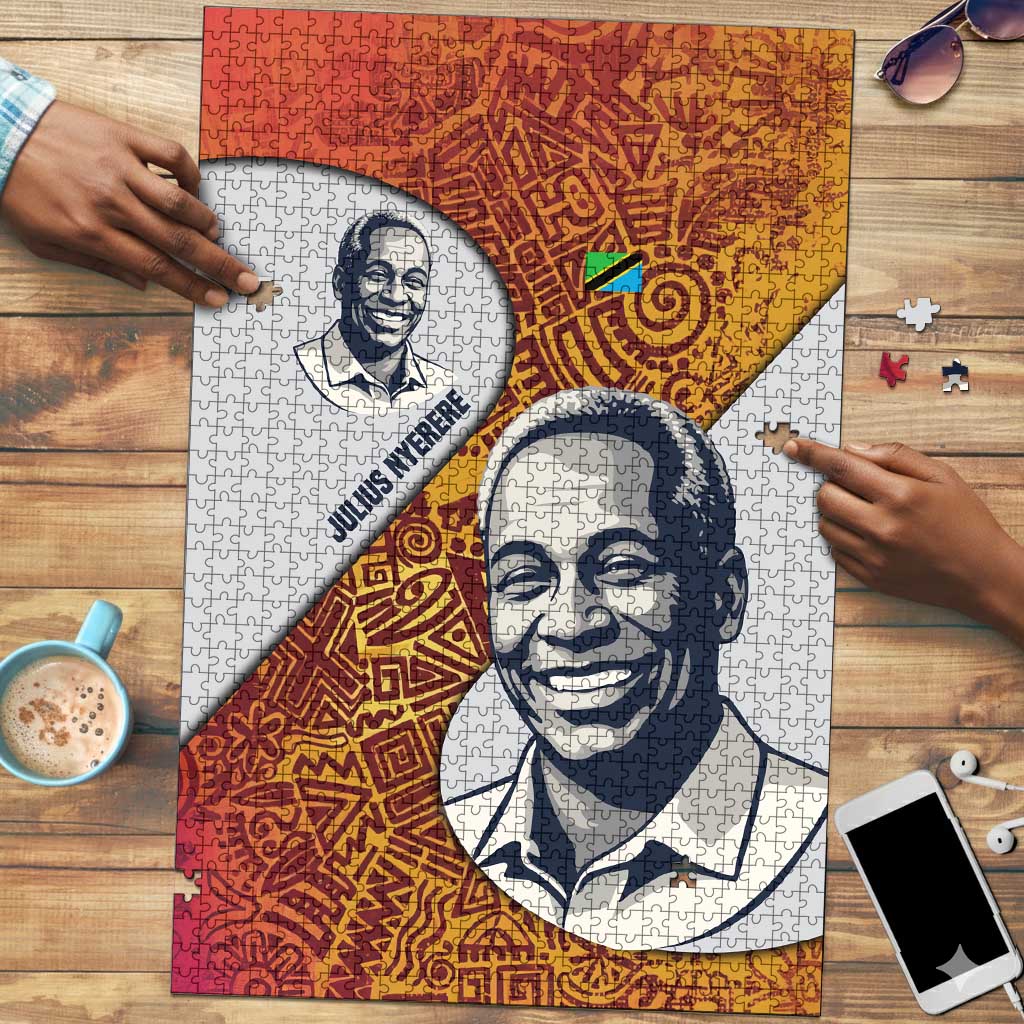Julius Nyerere Puzzle with Smiling Portrait, Tribal Pattern and Simplicity is Power Quote - Wonder Print Shop