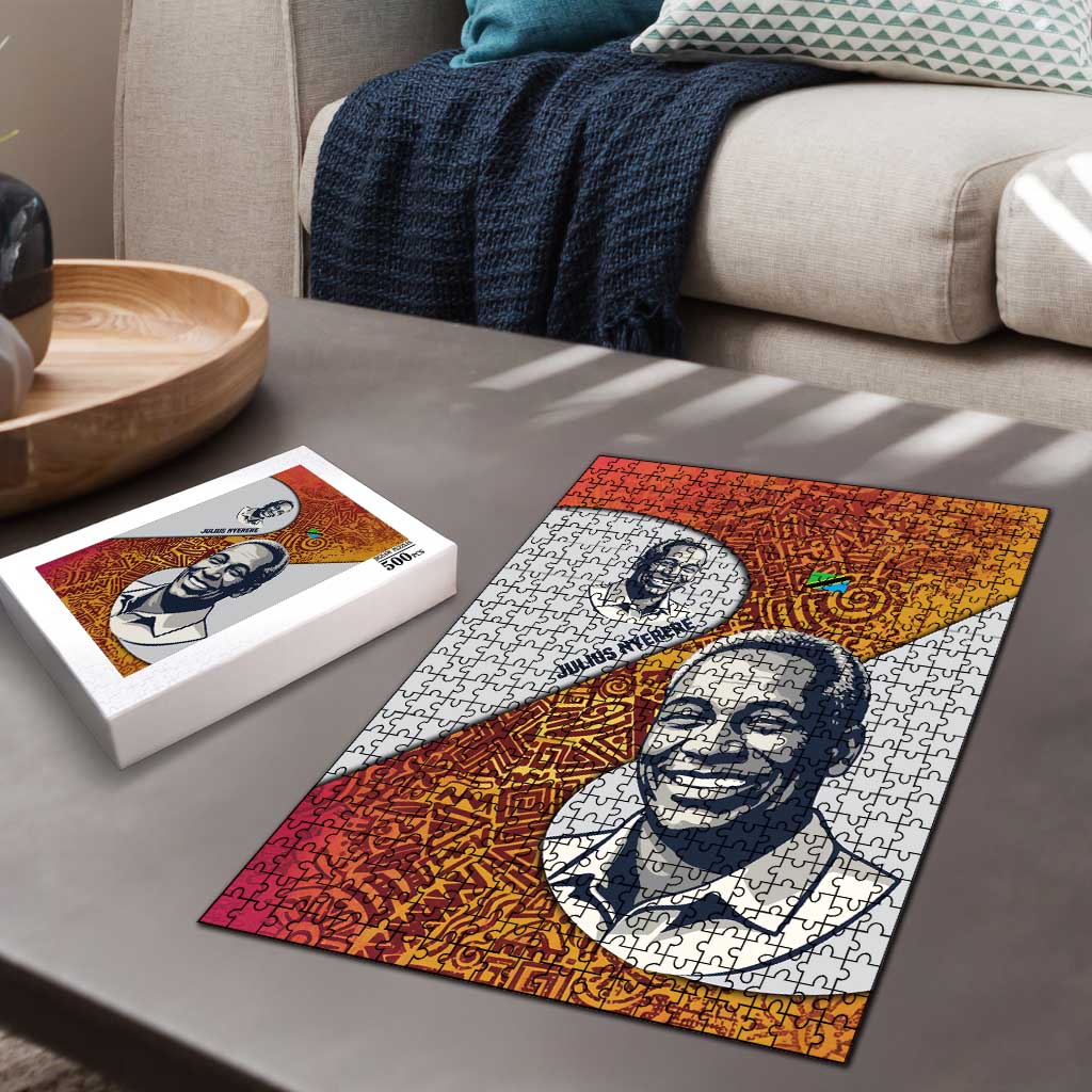 Julius Nyerere Puzzle with Smiling Portrait, Tribal Pattern and Simplicity is Power Quote - Wonder Print Shop
