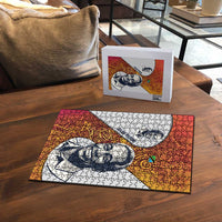 Julius Nyerere Puzzle with Smiling Portrait, Tribal Pattern and Simplicity is Power Quote - Wonder Print Shop