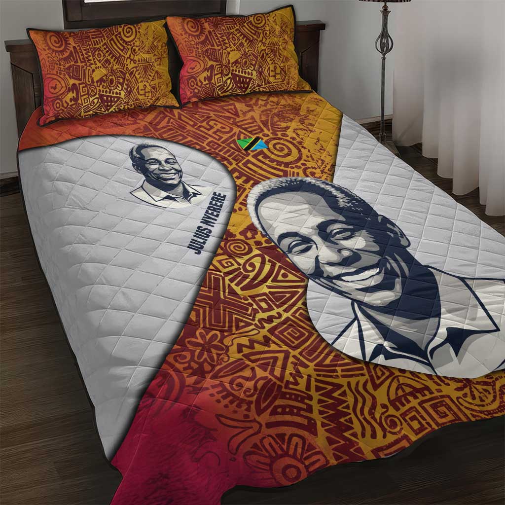 Julius Nyerere Quilt Bed Set with Smiling Portrait, Tribal Pattern and Simplicity is Power Quote - Wonder Print Shop