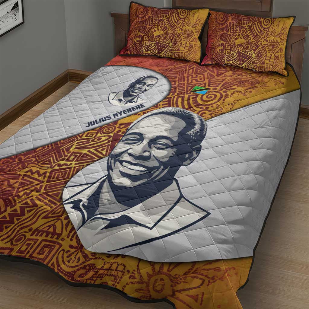 Julius Nyerere Quilt Bed Set with Smiling Portrait, Tribal Pattern and Simplicity is Power Quote - Wonder Print Shop