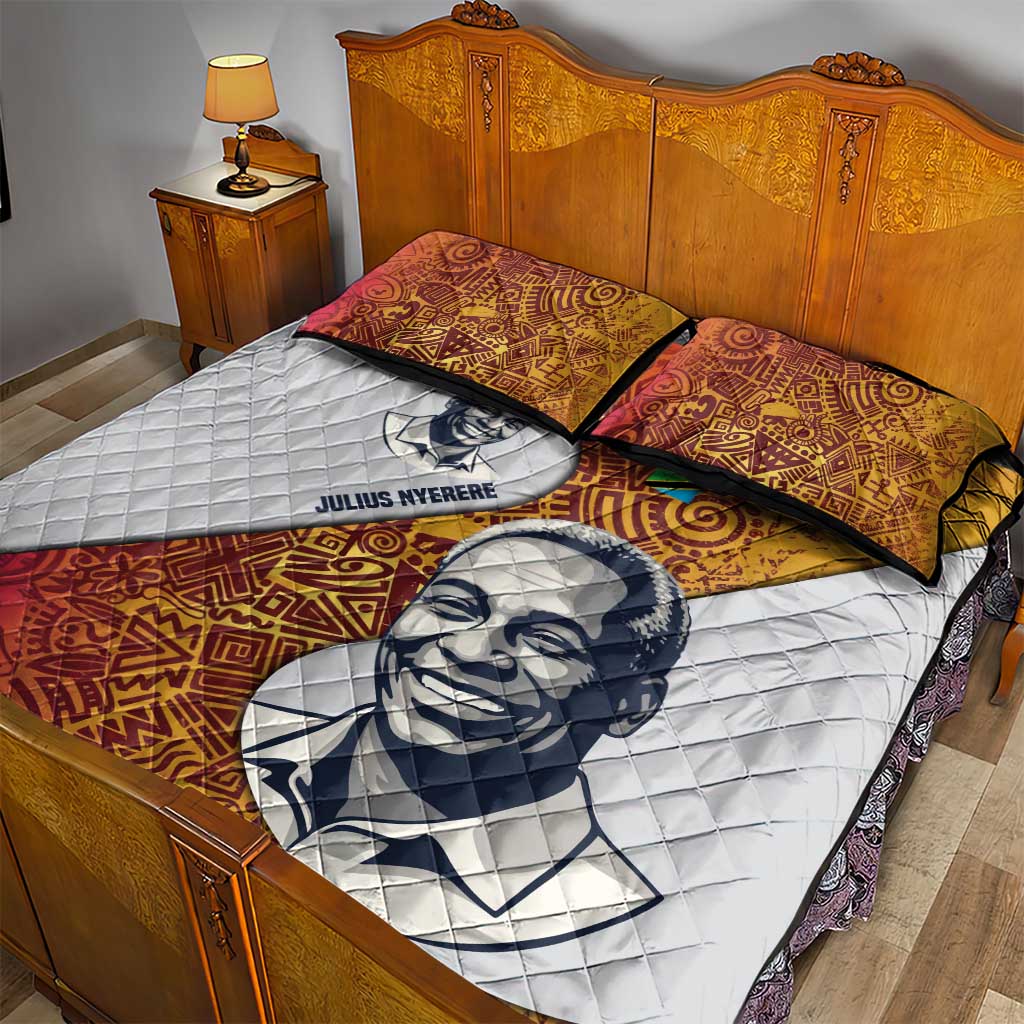 Julius Nyerere Quilt Bed Set with Smiling Portrait, Tribal Pattern and Simplicity is Power Quote - Wonder Print Shop